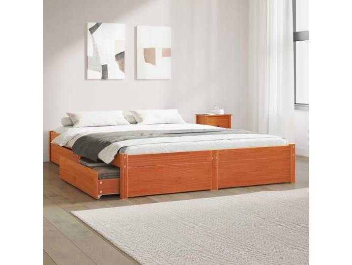 RJPLMFV Bettgestell, Kiefernholz, massiv, 140 x 200 cm, Braun Mit ausziehbaren Schubladen, integrierter Aufbewahrung, moderner Stil, inkl. Lamellen, für den Innenbereich