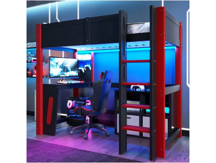 Lit mezzanine 1 place 90 x 200 cm noir avec bureau panneau perforé et ruban LED