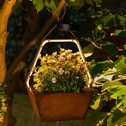 Solarlampe Außenleuchte Gartendeko Hängelampe Korb, LED Terrassenleuchte Garten Blumenkübel, Metall rost, 45x LED warmweiß, LxBxH 20x11x34,5 cm