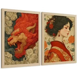 POSTER 2er-Set dekorative Badezimmer-Kunstdrucke, im japanischen Stil für Wand, Waschbecken, Toilette mit orientalischem Drachen und Frau Rahmenlos A4