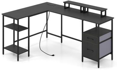 Costway L Shaped Desk with Power Outlet Reversible Computer Desk with Monitor Stands-Black