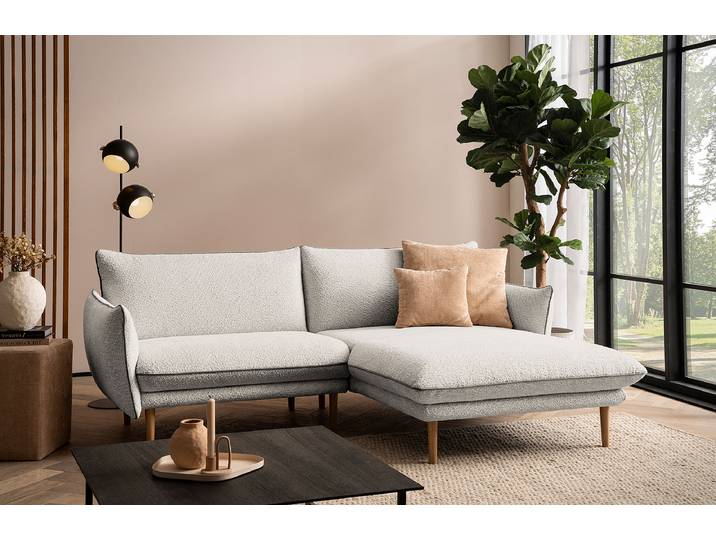 Ecksofa BYKLE mit Longchair Silber Bouclé Stoff Anouk 222cm Longchair davorstehend rechts Modern