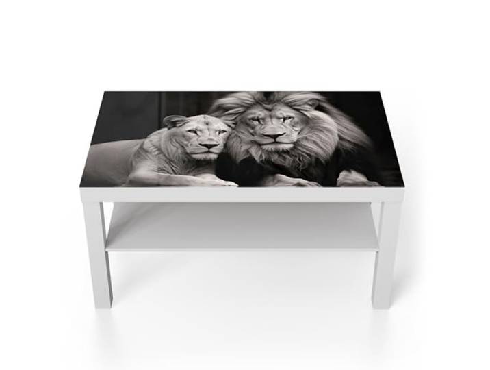 DEQORI Glastisch weiß groß 90x50 cm Motiv Stolzes Löwenpaar ausgefallener Beistelltisch aus Glas Hochglanz Couchtisch fürs Wohnzimmer moderner Couch Tisch mit Design