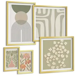 BILDER SET 5er Set - 50x50 cm & 20x30 cm & 40x60 cm Goldrahmen - Floraler minimalistischer Boho-Stil