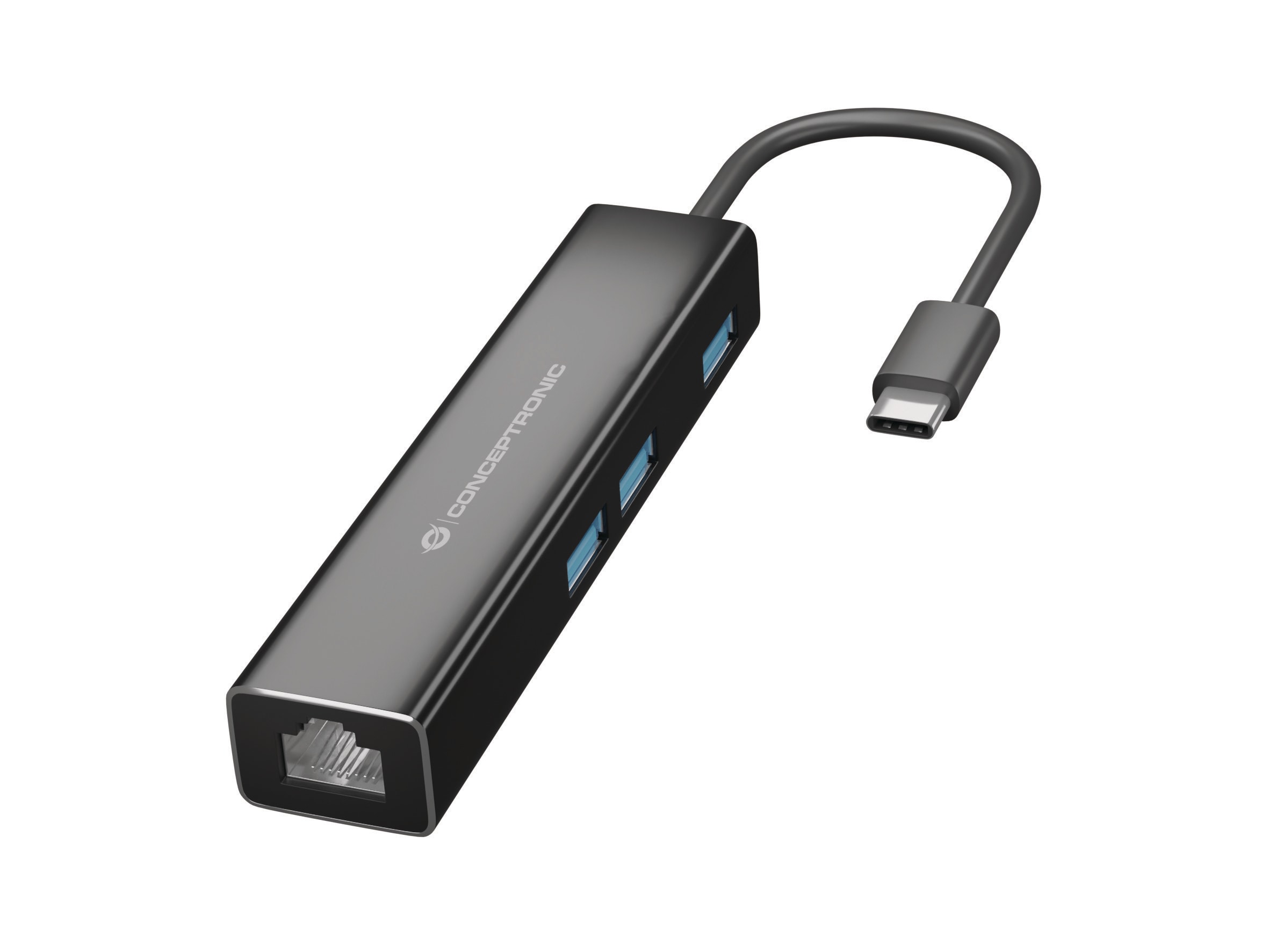 Conceptronic DONN07B 3-Port-USB-Hub mit Gigabit-Netzwerkadapter