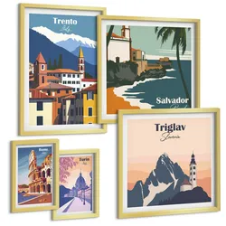 BILDER SET 5er Set - 50x50 cm & 20x30 cm & 40x60 cm Goldrahmen - Blicke auf berühmte Orte am Meer
