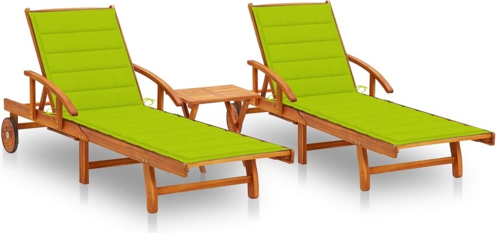 Sonnenliegen 2 Stk. mit Tisch und Auflagen Massivholz Akazie