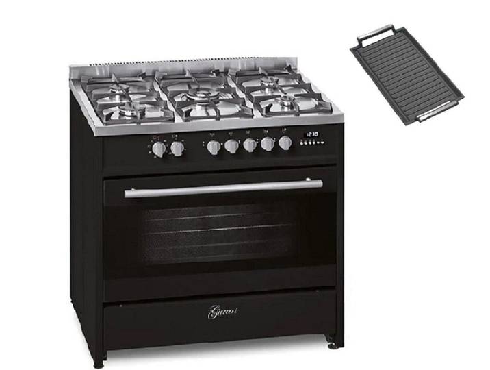GURARI Gas-Standherd Edelstahl Gas Elektro Standherd 90 cm 121 L Erdgas Fl.Gas 4 Kw WOK GCH E 911 BL +Grillplatte., mit 1-fach-Teleskopauszug