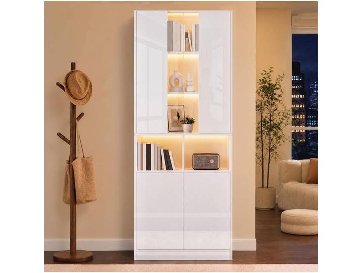 Meuble rangement blanc LED App vitrine acrylique double portes étagère réglable 70x35x180 cm ORVRYN
