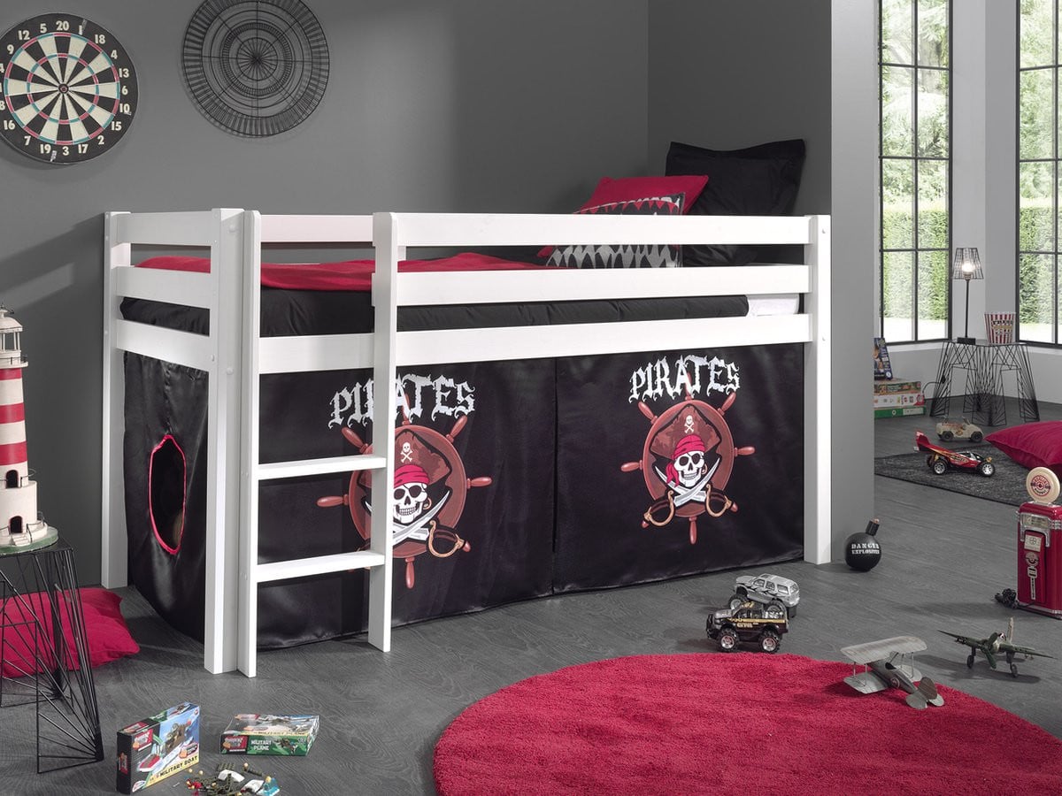LUCEVI Pino Halfhoogslaper met ladder en piratengordijntjes, Wit, 90 x 200 cm