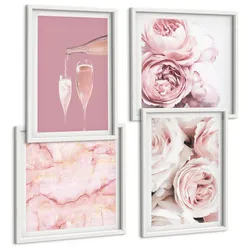 BILDER SET 4er Set - 50x50 cm & 40x60 cm Weißer Rahmen - Rosen, Champagner, Marmor, Pastell