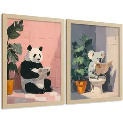POSTER 2er-Set dekorative Badezimmer-Kunstdrucke und lustige für Wand, Waschbecken, Toilette mit lesenden Tieren im Badezimmer, Stil Rahmenlos A4