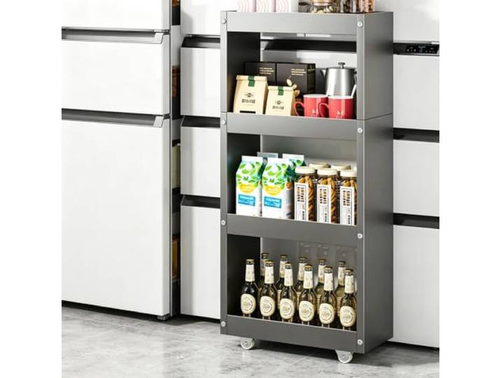 Schmales Küchenregal mit Rollen, Nischenwagen für Küche, Bad & Haushalt Platzsparendes Design, Robuste Bauweise, Mobile Aufbewahrung, Vielseitig Einsetzbar(GRAY,4Tier 98x45x12cm)