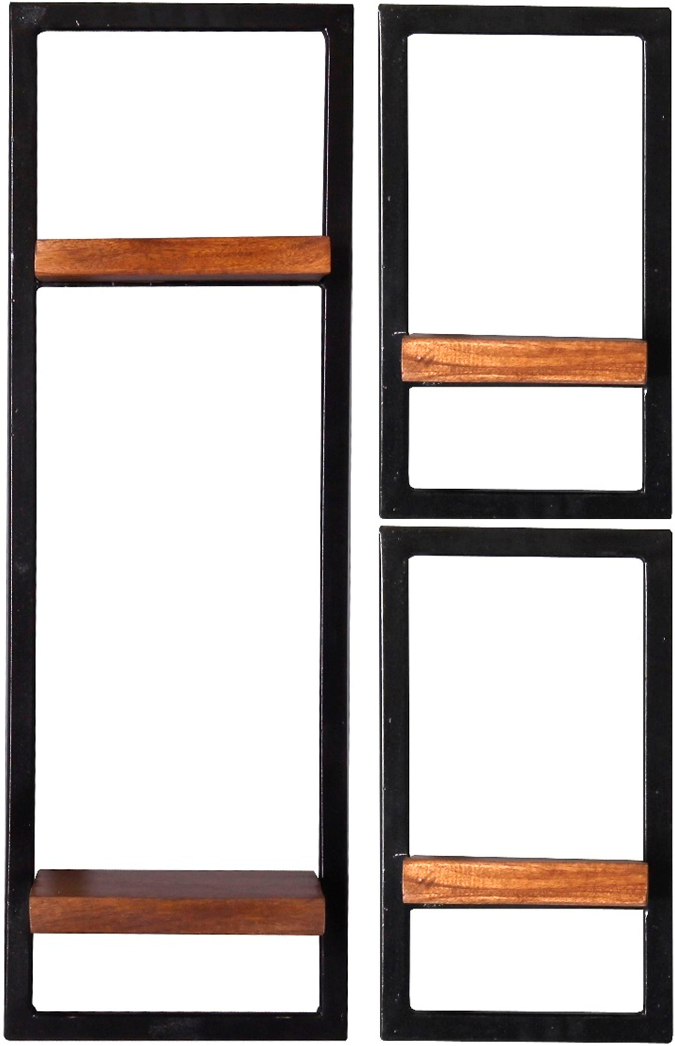 Wandregal SIT "Abomey Wandregal-Set 3-teilig aus Mangoholz mit Altmetall", schwarz (schwarz, natur), B:50cm H:75cm T:25cm, Massivholz, Metall, Regale, Wandregal, 2 niedrige & 1 hohes Wandregal für flexible Wandgestaltung schwarz, natur B/H/T: 50cm x 75cm 