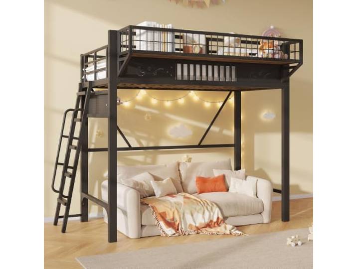 DUlVBPE Hochbett, 90 x 200 cm, Metallbettgestell, Staufächer, offene untere Ebene, Ohne Matratze, Schwarz