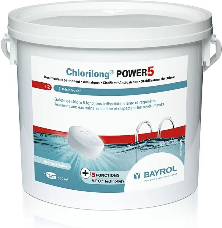 Chlorilong Power 5 Bayrol - chlore lent multiactions - Seau de 5 kg