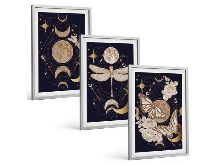 Tulup Bilder SET 3er Set - 40x60 cm Silberner Rahmen - Naturmotive Mondblumen, Silberfarben, Kunststoff, Rechteckig, 40x60 cm, Fotografie, Bilder & Rahmen, Bilder