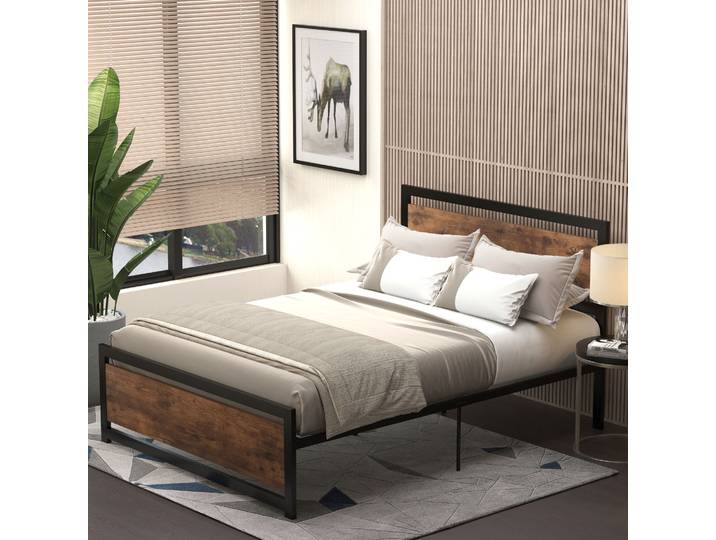 HOMCOM Cadre Lit Double Acier Sommier Bois Foncé 190x140cm