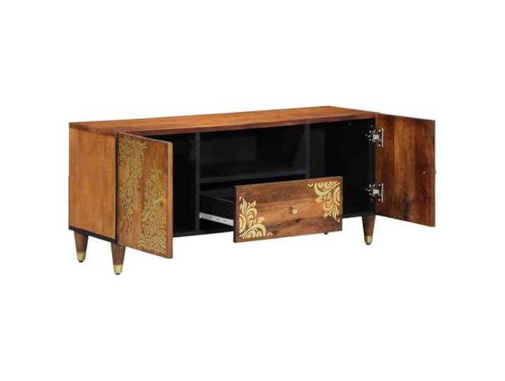SKTQYQO TV-Schrank mit Schublade und Tür, braun, 105 x 33 x 46 cm Massives Mangoholz, Holzelemente, Beine und Griffe aus Messing, zwei Schiebetüren, Tür zu