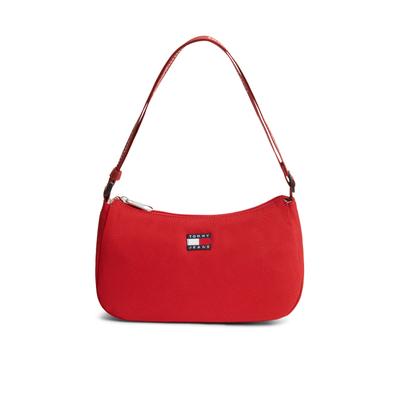 Schultertasche TOMMY JEANS "TJW ESS DAILY SHOULDER BAG", Damen, Gr. B/H/T: 27cm x 15cm x 8,5cm, rot, Textil, Taschen Schultertasche, Damen Handtasche, Umhängetasche mit Logoschriftzug auf dem Riemen