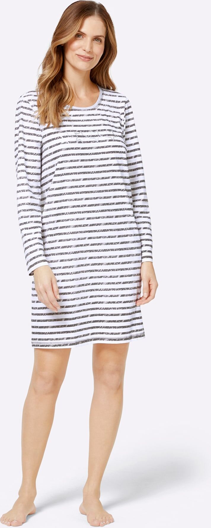 Nachthemd WÄSCHEPUR "Langarm-Sleepshirts", Damen, Gr. 36/38, Normalgrössen, Langarm, grau (grau, grau, gestreift), 100% Baumwolle, Meliert:95% Baumwolle, 5% Viskose, gemustert, gestreift, meliert, unifarben, Kleider Nachthemd grau, grau, gestreift 36/38, 
