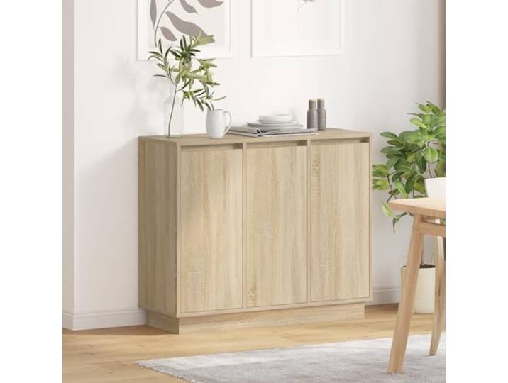 HEFZGDB LED Sideboard Sonoma Eiche 90x32x75 cm Holzwerkstoff mit integrierter Beleuchtung, modernes Design Nachttisch für Schlafzimmer, DREI geräumige Fächer, hochwertige Bauweise,