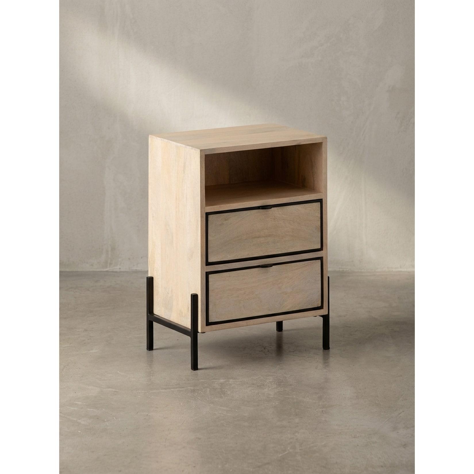 Nachttisch – Mango Massivholz/Metall, 43x60x30 cm, 2 Schubladen, braun