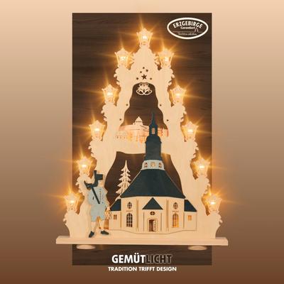 Lichterbogen WEIGLA "Seiffener Kirche, große Lichterspitze aus Holz, Made in Germany", bunt (natur, braun, grau, schwarz), H:67cm T:6cm, Holzwerkstoff, Schwibbögen, Erzgebirge garantiert, Weihnachtsdeko Innen, Weihnachtsbeleuchtung
