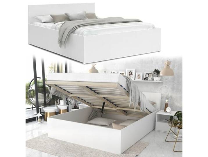 roe furniture Doppelbett 180x200cm, Stauraumbett mit Bettkasten & Birkenholz Lattenrost, Robustes Bett mit Kopfteil, Bettgestell aus Schichtstoffplatte, mit Matratze, Weiß