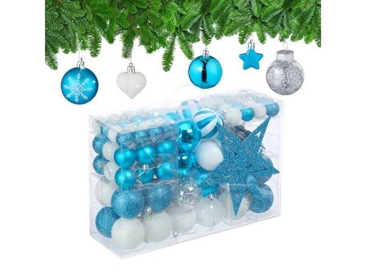 Relaxdays Boules de Noël\, Lot de 101\, en Plastique\, décoration de Sapin\, cœurs\, étoiles et cimier\, pétrole/Blanc