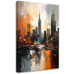 WANDBILD, Urbane Abstraktion mit Wolkenkratzern in Grau und Orange