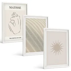 BILDER SET 3er Set - 40x60 cm Weißer Rahmen - Minimalistische Sandlinien Sonne