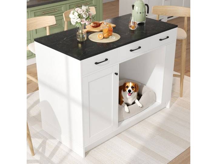 Îlot de Cuisine Blanc 120x60x90cm- 3 Tiroirs Étagère Épices- Double Étagère Réglable- Espace Animaux sans Accessoires
