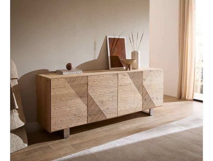 Sideboard Tereos 200 cm Eiche Natur 3D Effekt 4 Türen Kufe Edelstahl gebürstet, Sideboards