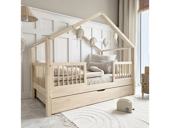 Lit cabane 90x190 barrières sommier et tiroir inclus Rosalie Bois