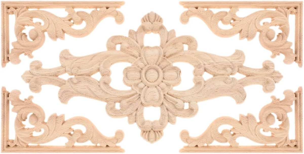 Set van 5 houten applicaties met bloemmotief voor meubeldecoratie in houtkleur