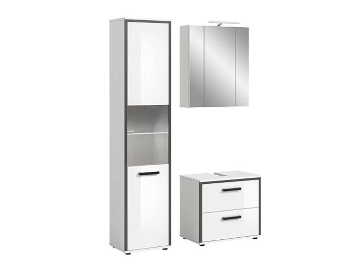 xonox.home - 3tlg. Kombination Kojak Badezimmerkombination in Front weiß Hochglanz Tiefzieh Korpus weiß Melamin - Badmöbelset - modern und funktional inkl. Beleuchtung