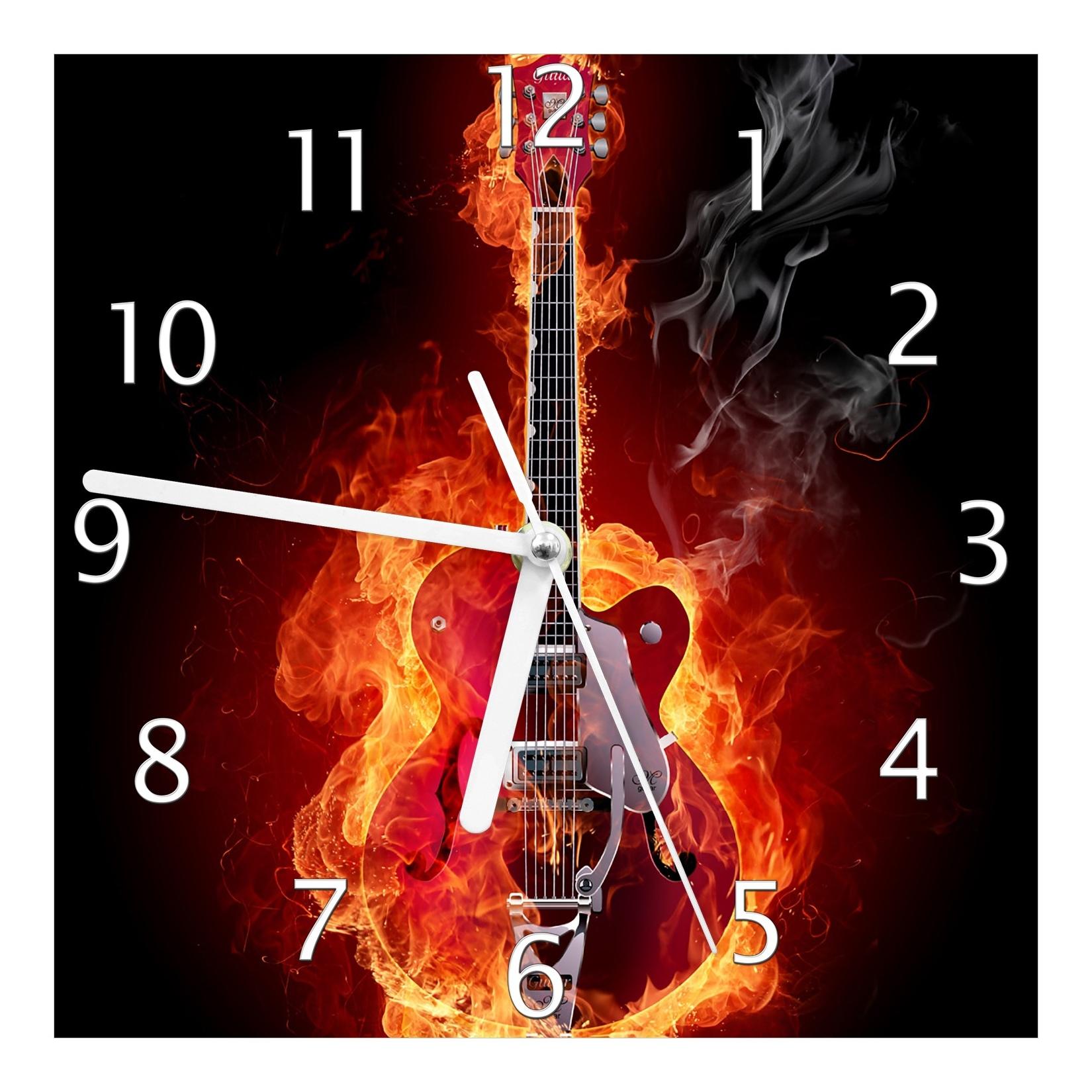 Wallario Uhr 30 x 60 cm, weiße Zeiger Brennende Gitarre