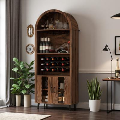 ZWYO HOSIMU "70.87""H Farmhouse Arched Wine Bar Cabinet, Tall Arched Display Cabinet with Wine Rack, Whiskey Station, Glass Holder, Coffee Bar"