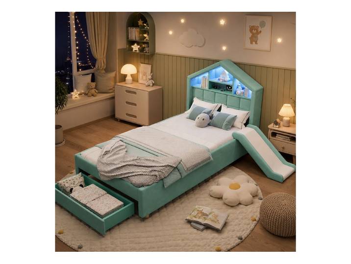 Flieks Polsterbett mit Rutsche links/rechts montierbar, Kinderbett Hausform 90x200cm mit LED-Beleuchtung, Aufladen, Schublade