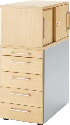 Schäfer Shop Genius Standcontainer mit Aufsatzschrank inkl. Schiebetür, komplett abschließbar, eckiger Griff, ahorn