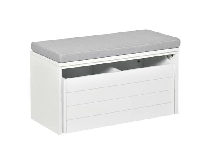 HOMCOM Banc de Rangement avec Coussin Gris\, Banc à Chaussures MDF Blanc Grand Tiroir à Double Compartiment\, Meuble à Chaussures