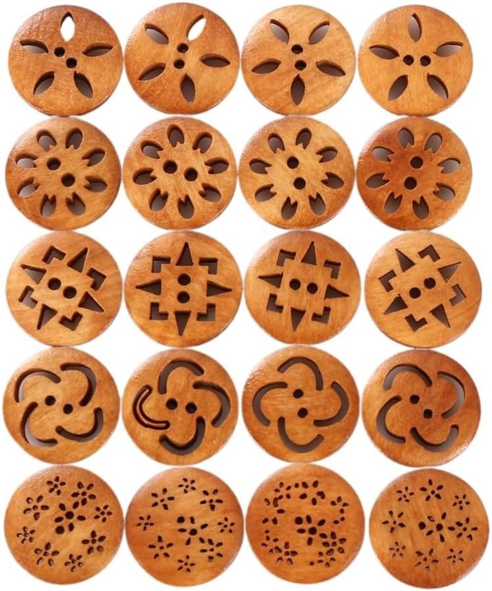 30 stuks Houten Chrysant Knopen voor kleding versieren - Donkerbruin - 18 mm
