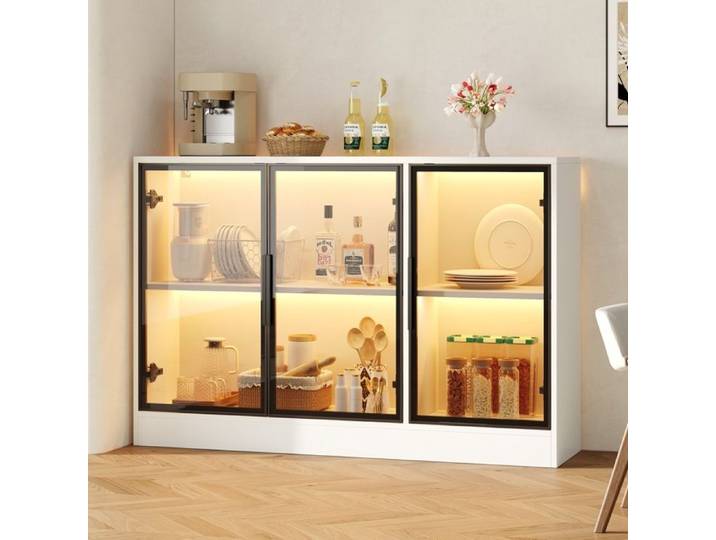 Vitrine vitrée 120x30x73 cm façades en verre gris et bande lumineuse LED vitrine haute vitrine de présentation buffet blanc