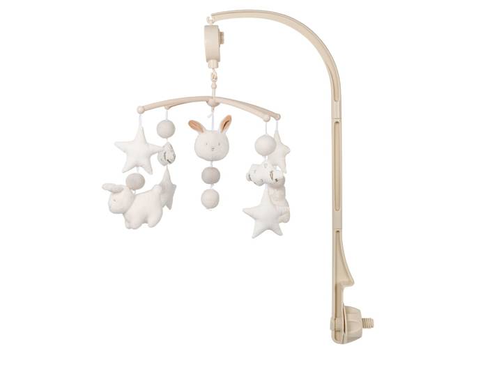 Musikalisches Mobile mit Sternen und Hasen in Beige und Camel
