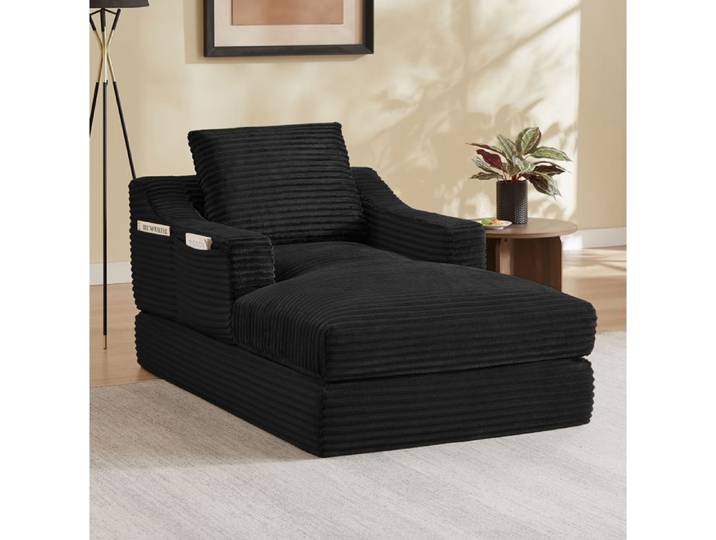 MEULVA Canapé convertible 1 place en velours côtelé noir fauteuil lounge avec mousse haute densité