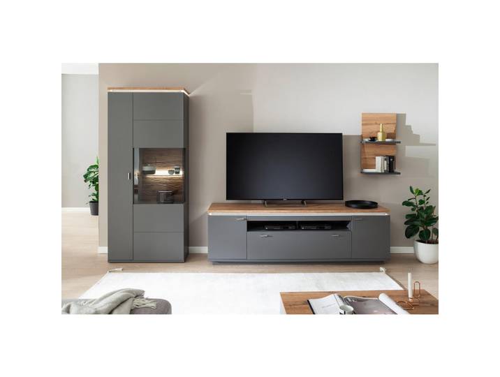 Stylife Wohnwand Neapel, Grau, Eiche Wotan, Glas, 1 Glas + 10 Holz Fächer, 1 Schublade(n) Schubladen, 335x208x50 cm, Beimöbel erhältlich, Wohnzimmer, Wohnwände, Anbauwände