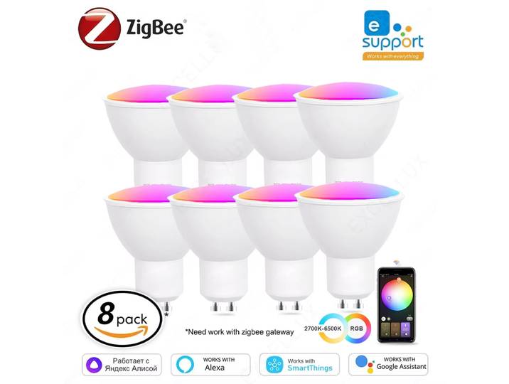 8 ampoules LED intelligentes EWelink GU10 Zigbee, ampoule LED RGB CW WW, compatible avec Alexa, Google Assistant, Yandex et SmartThings.