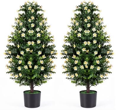 Costway Set of 2 Artificial Topiary Trees 3 FT Fake Bushes Sun-Resistant-White