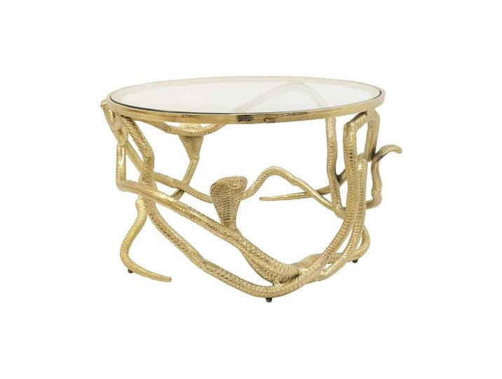 Table Basse Viperea Ronde 67 Cm Dorée Avec Serpents En Aluminium Et Verre Trempé
